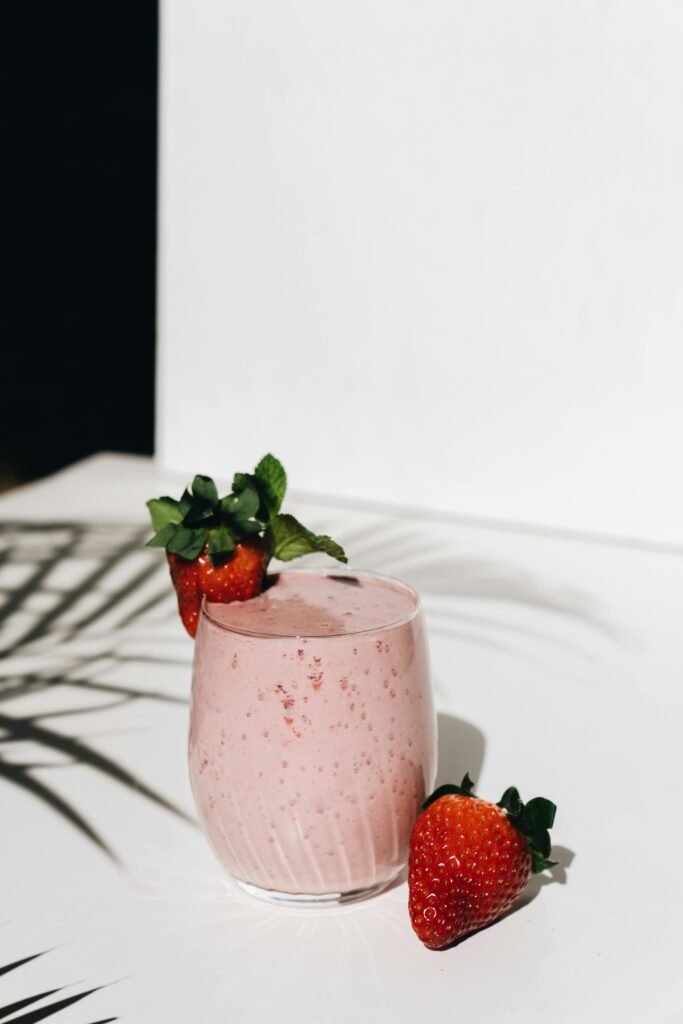Delicious strawberry smoothie in a glass, perfect for a healthy lifestyle.