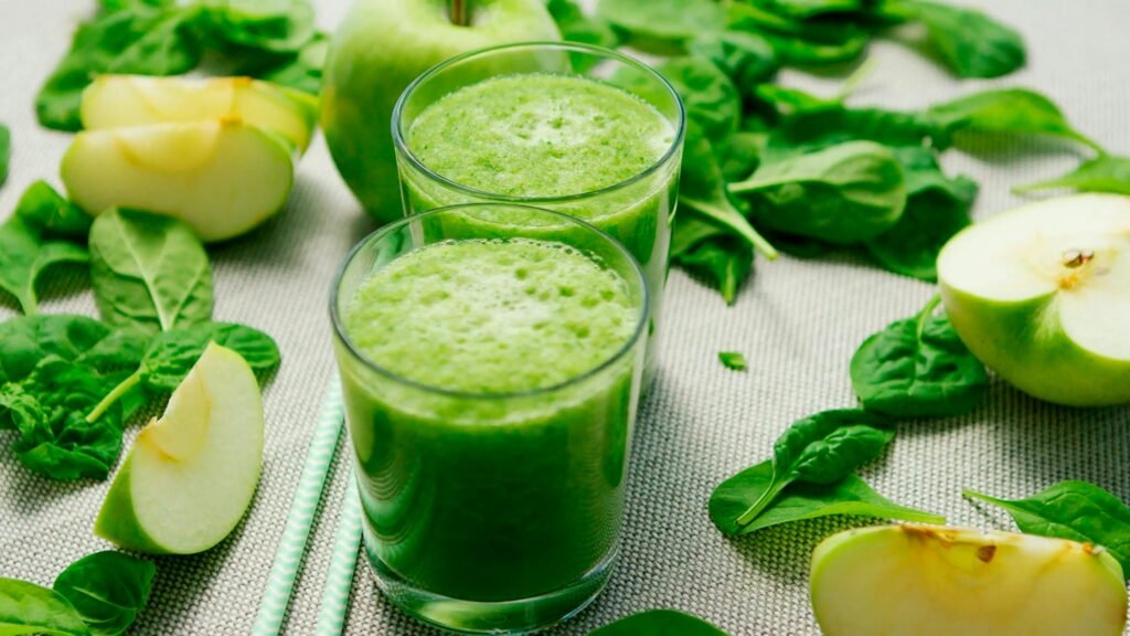 Fresh green smoothie with apples and spinach, perfect for a healthy refreshment.